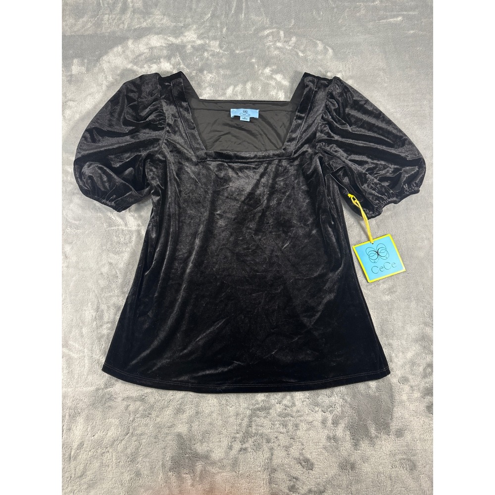 CeCe Black Crushed Velvet Puff Sleeve Square Neck Blouse Top Womens Medium NWT